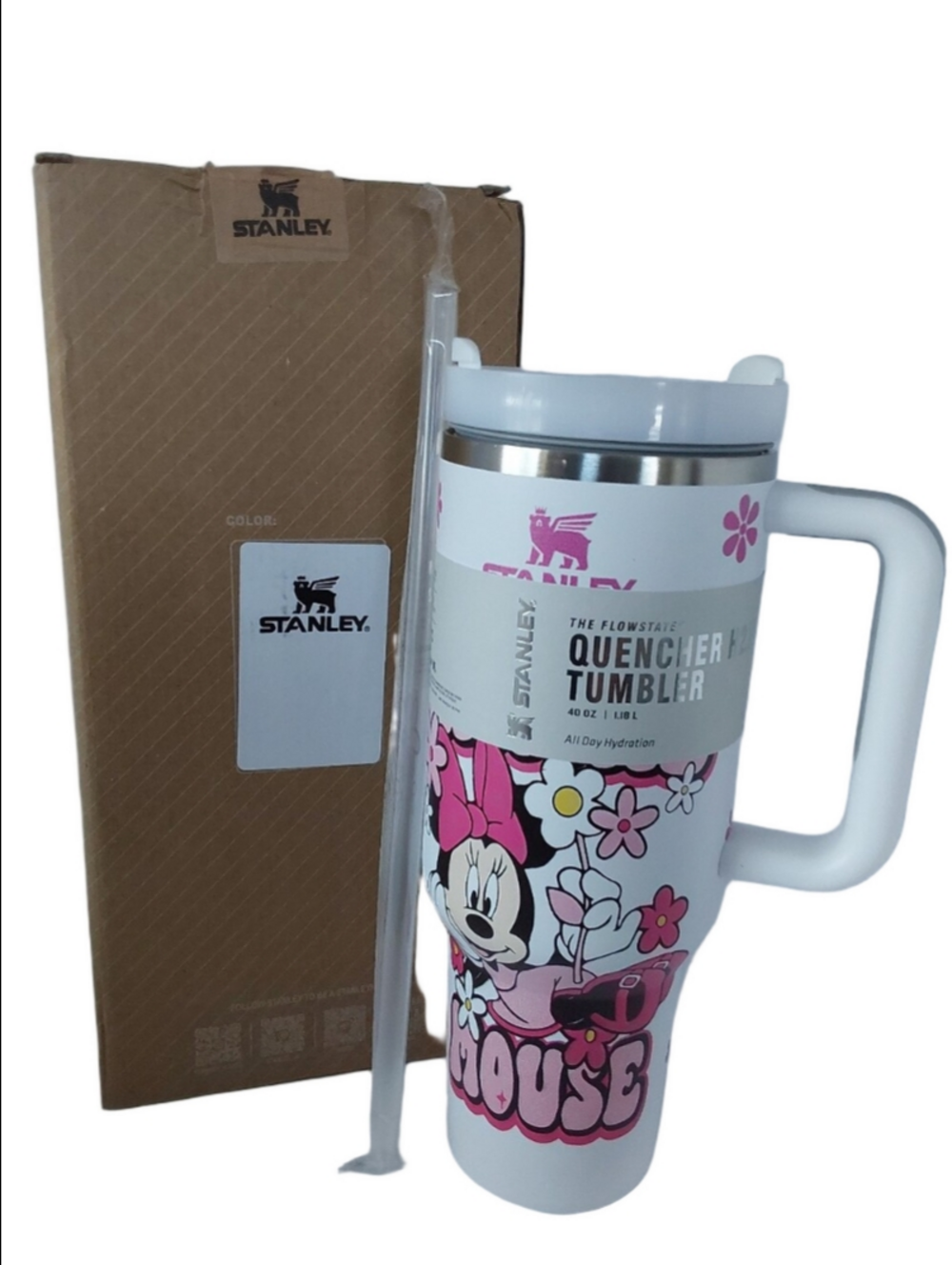 Stanley Pink & White Minnie Mouse Quencher Tumbler with Handle 40oz